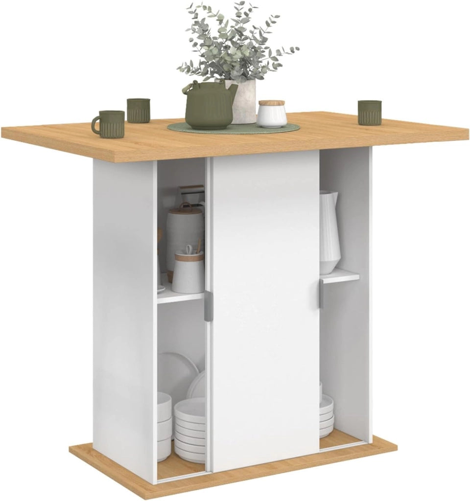 Isola centrale PAXTON 110 cm per 4 persone con contenitore in legno bianco e piano di lavoro effetto faggio