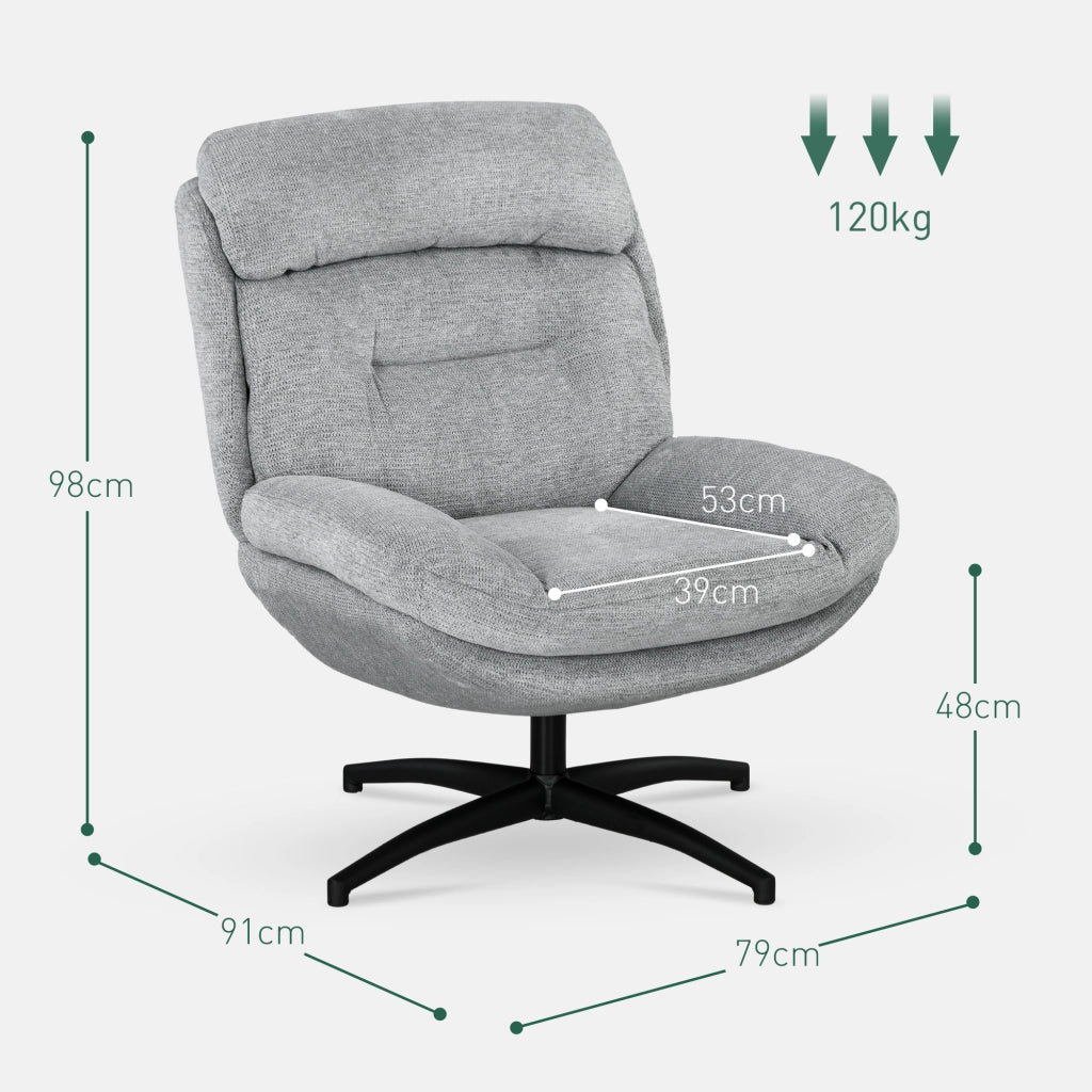 Poltrona girevole 360° in chenille grigio, con braccioli integrati, seduta imbottita e gambe in acciaio nero, per soggiorno