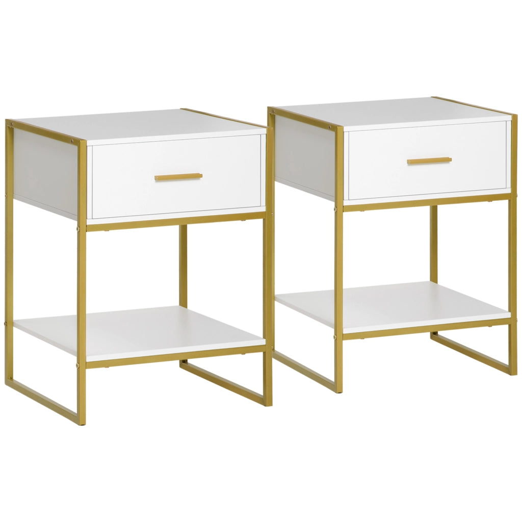 Set 2 Comodini Moderni con Cassetto e Ripiano Aperto in MDF e Acciaio, 45x40x60cm, Bianco e Oro