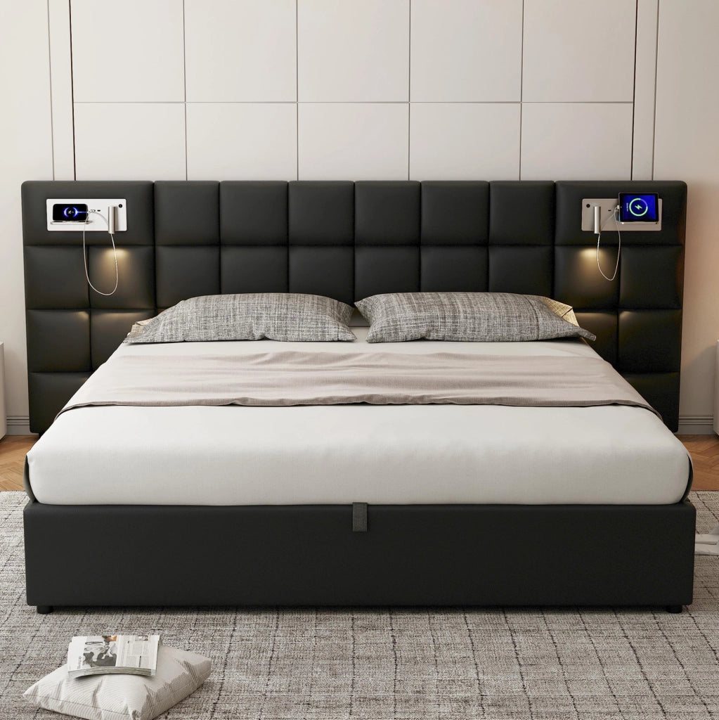 Letto imbottito 180x200 cm con contenitore, USB e ricarica wireless