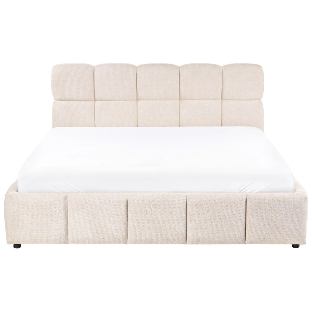 Letto matrimoniale imbottito con struttura a molle a sollevamento trapuntata 180 x 200 beige chiaro con contenitore a molle sollevabile