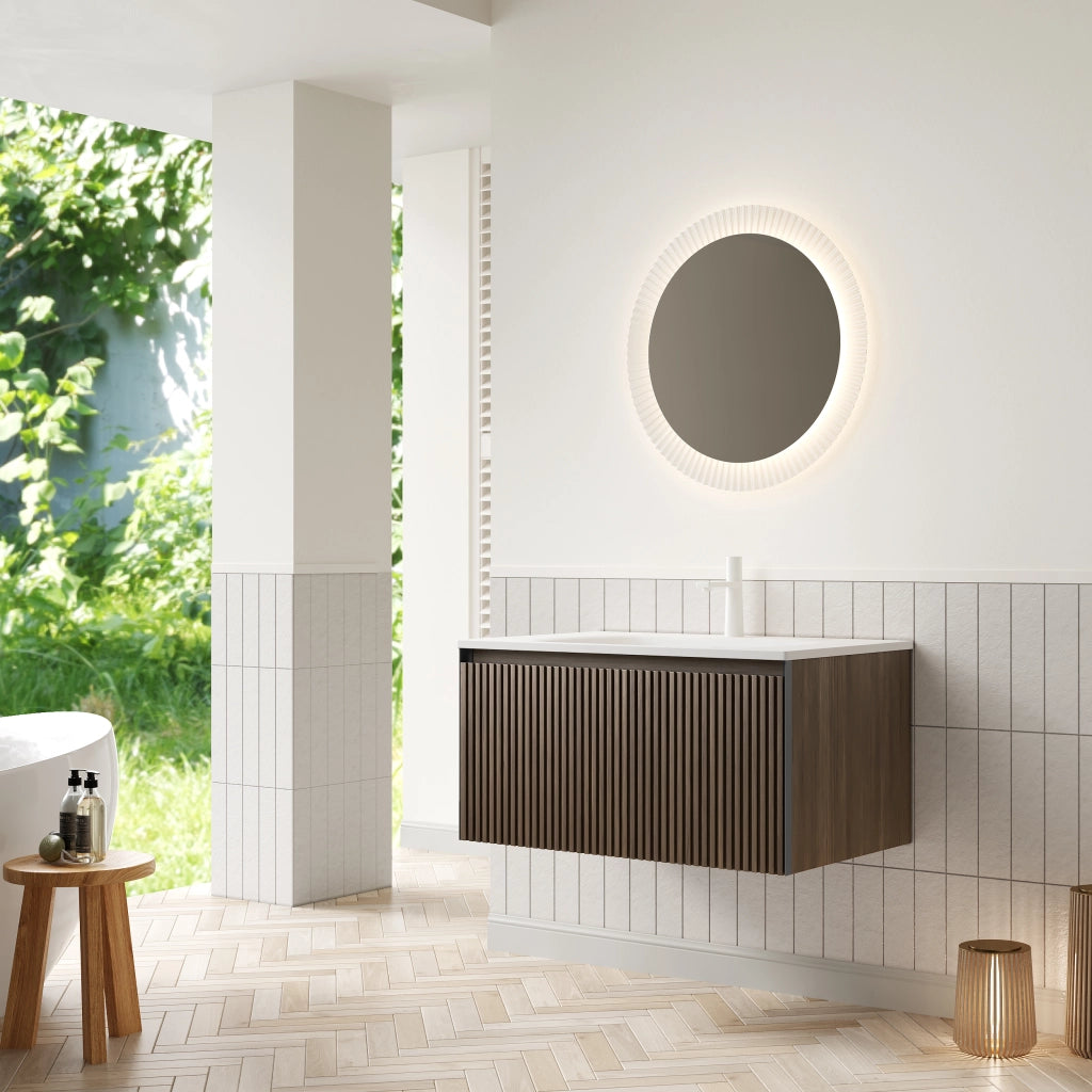 Mobile bagno sospeso con lavabo integrato e cassetto con chiusura ammortizzata per bagno; 80×46×41.8 cm; rovere marrone