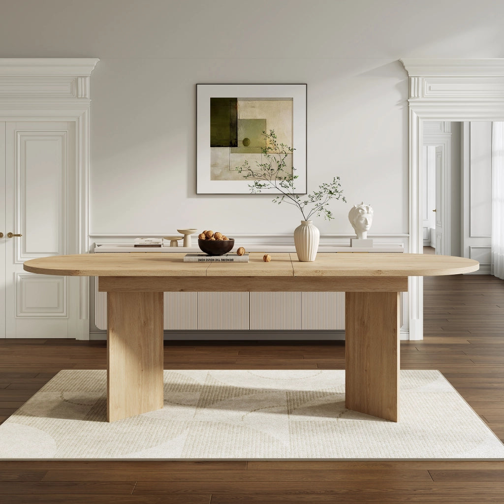 Tavolo da pranzo allungabile con piano da 18 mm e angoli arrotondati, per 4-8 persone, in MDF, rovere chiaro
