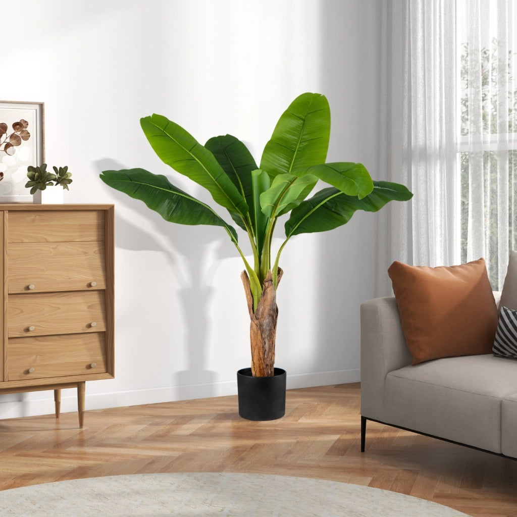 Pianta finta con foglie di banana e rami regolabili con vaso, Set da 2 alberi di banane artificiali da interno Verde-Piante artificiali