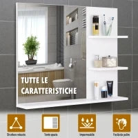 kleankin Mobiletto Pensile Bagno 60 x 10 x 48cm, con Specchio e 3 Ripiani, Armadietto a Parete in MDF Bianco