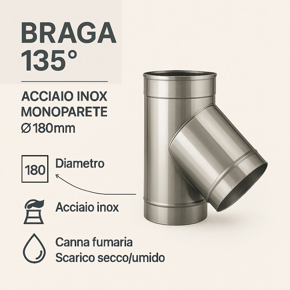 Raccordo braga 135° mono parete metallica spessore 0,5 mm canna fumaria *** misura Ø 180 mm, confezione 1