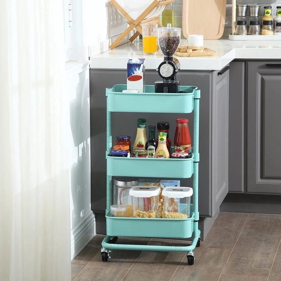 Carrello di archiviazione a 3 livelli, carrello a ruote, carrello di archiviazione per cucina con pannelli regolabili in altezza, carrello di trasporto con 2 freni, montaggio facile, per bagno, cucina, ufficio, verde menta