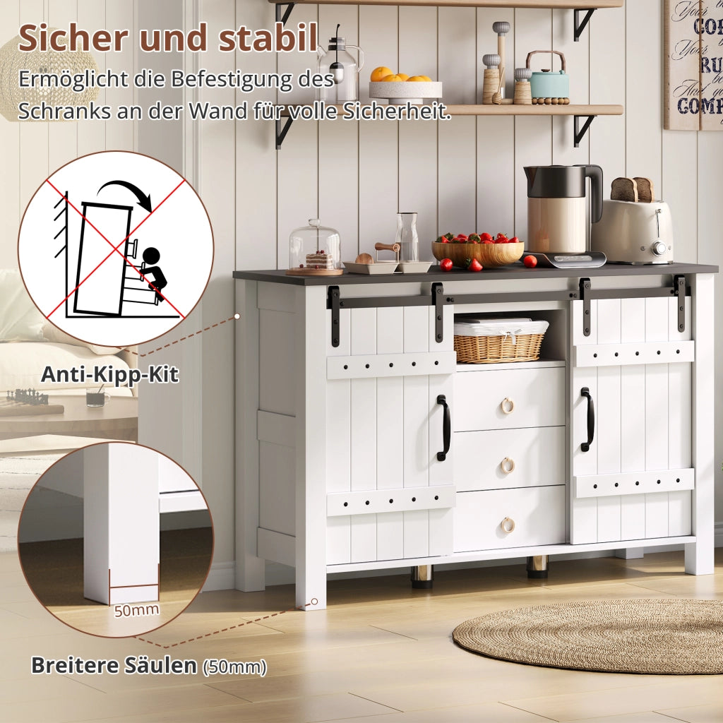 CREDENZA 120x40x80 cm in MDF bianco con 2 porte scorrevoli e 3 cassetti