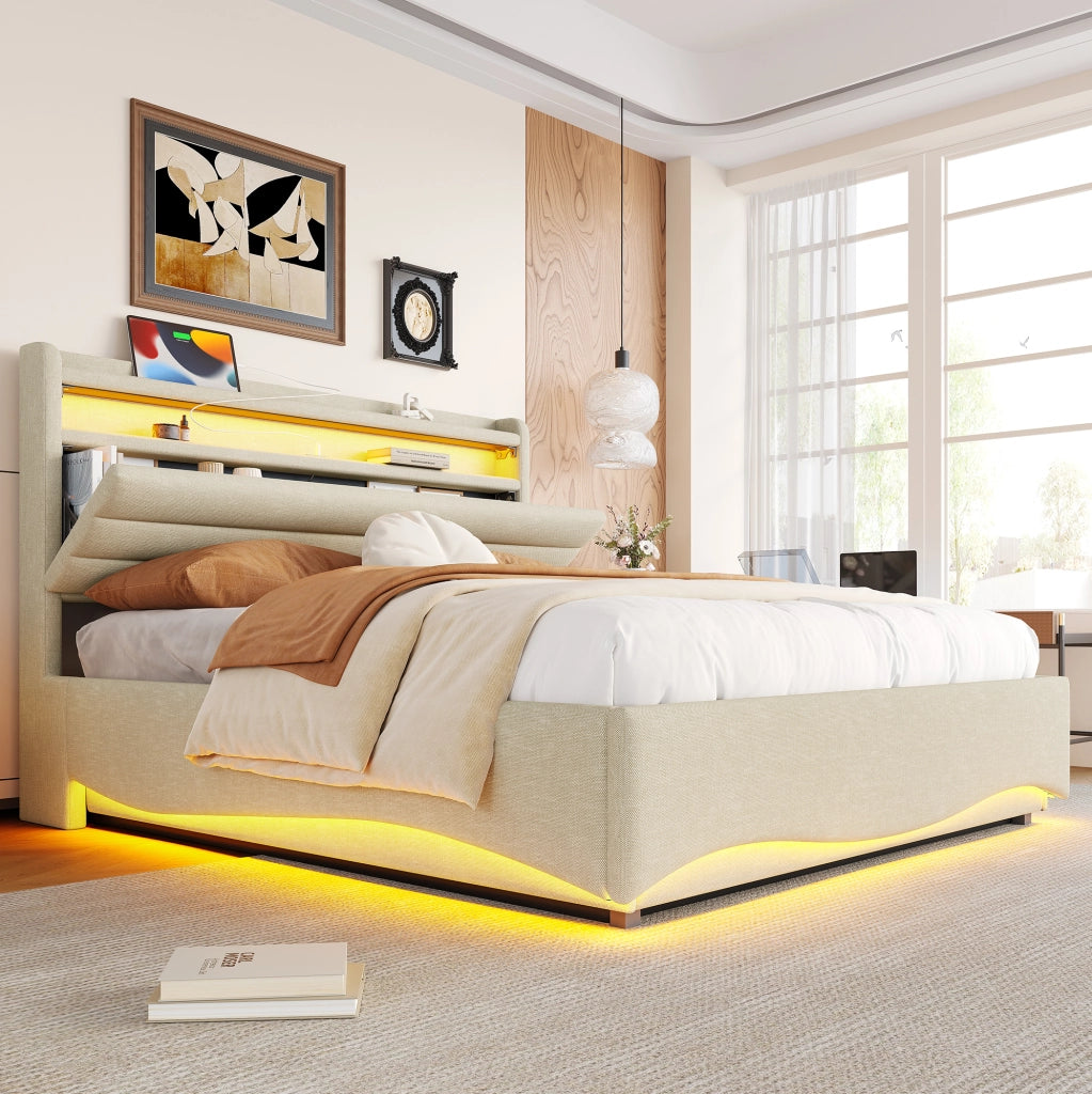 Letto imbottito ULEVR 140x200 cm beige con contenitore idraulico, LED, USB e Type-C in lino