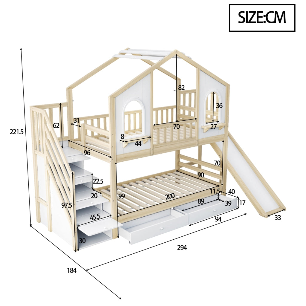 OKWISH Letto a Castello 90×200 cm, Letto Singolo con Scivolo, Scala con Contenitore, Cassetti e Ripiani, senza Materasso, Bianco e Legno