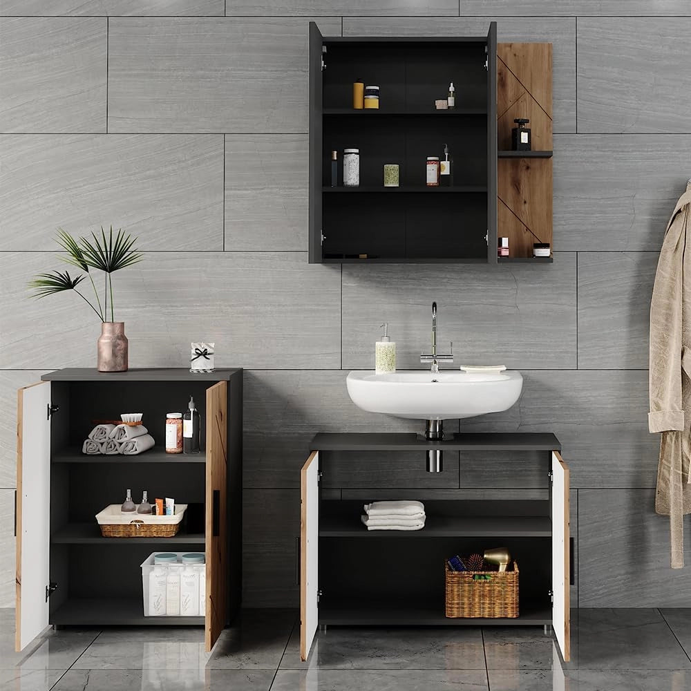 Set di mobili da bagno Irma, Antracite/Artisan, 80 cm, composto da mobile sottolavabo, specchiera e mobile medio