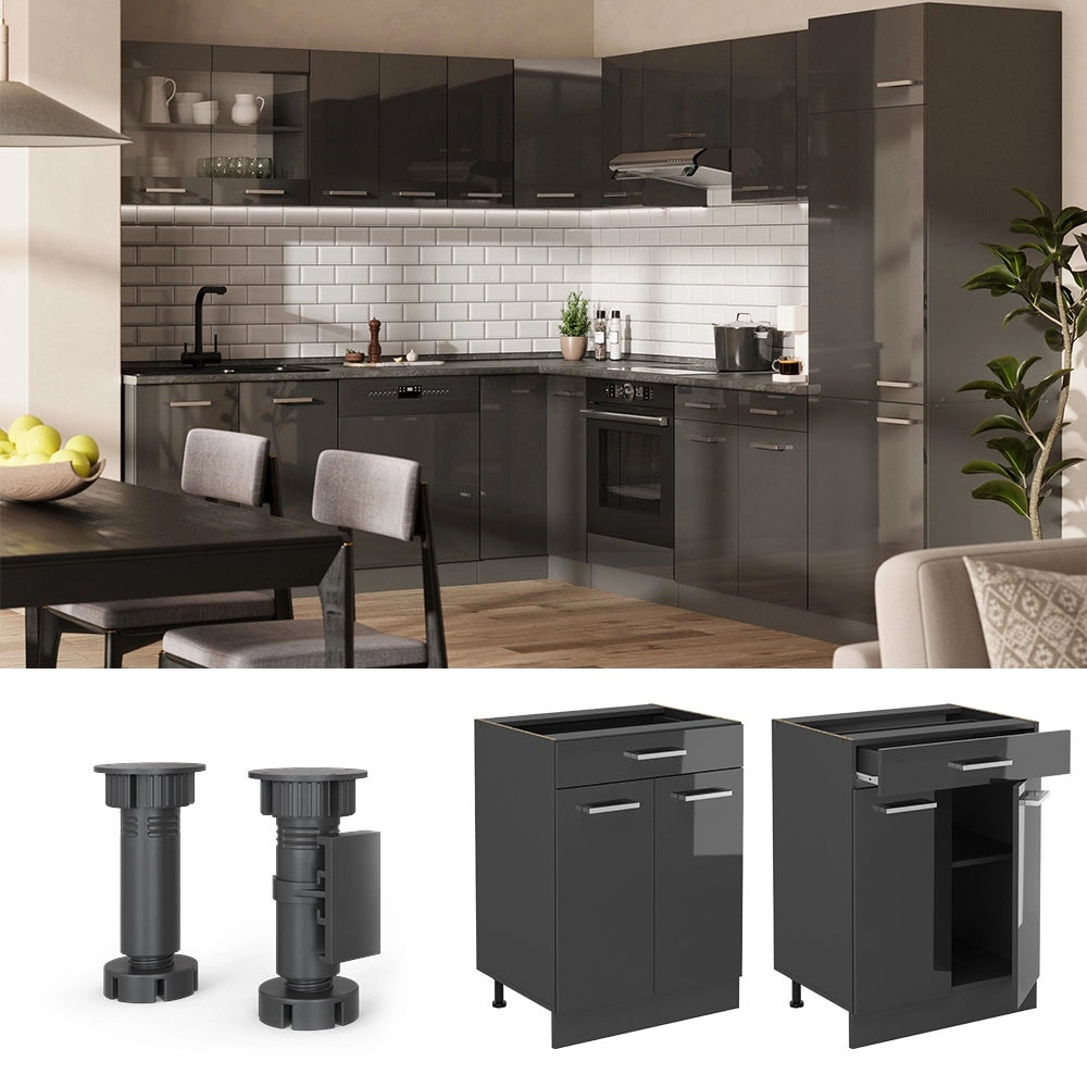 Mobiletto base per cucina R-Line Antracite lucido/Antracite 60 cm con cassetto, senza piano di lavoro Vicco