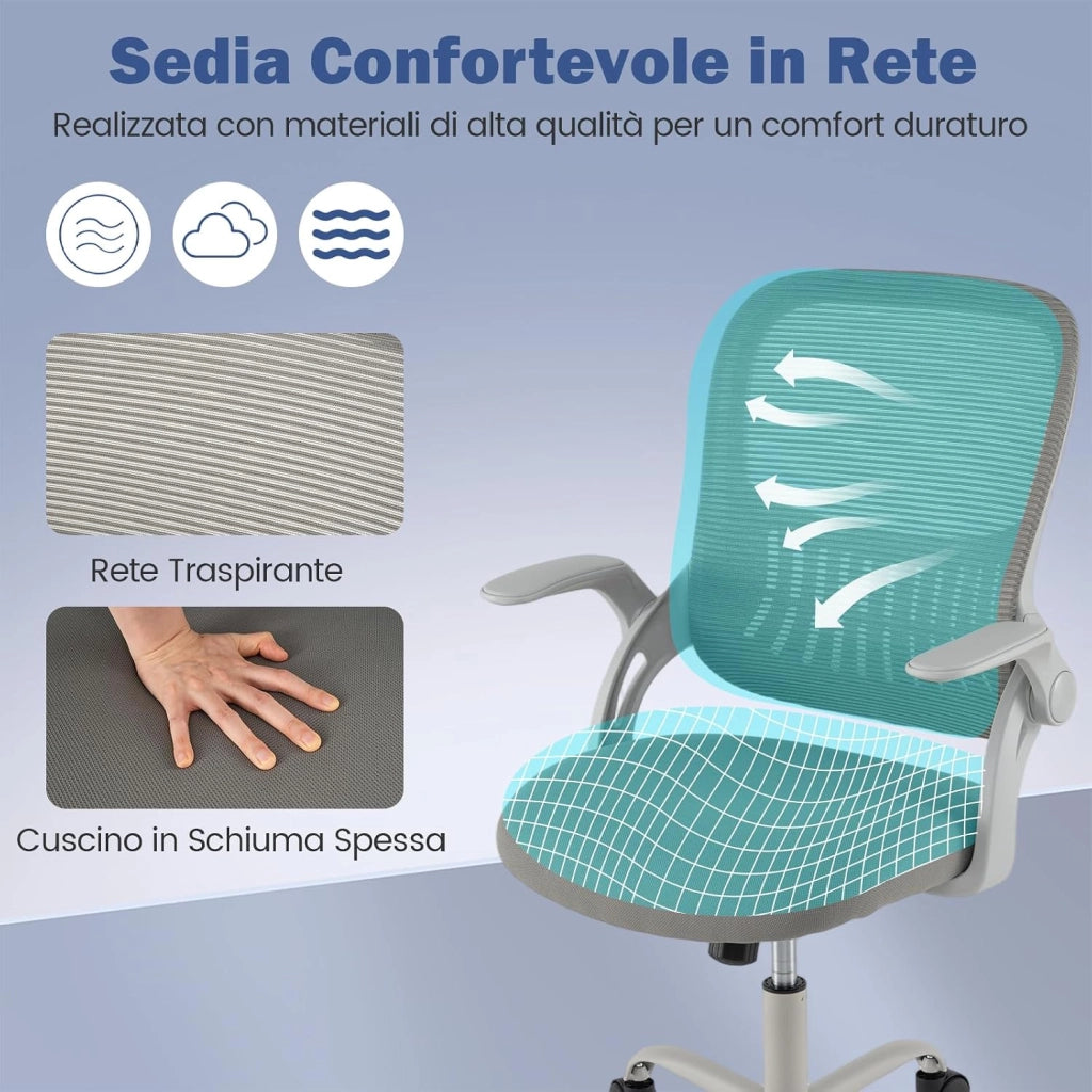 Sedia da Ufficio, Poltrona Ergonomica in Rete Traspirante con Braccioli Reclinabili, Poltrona da Scrivania Girevole Regolabile in Altezza con Ruote