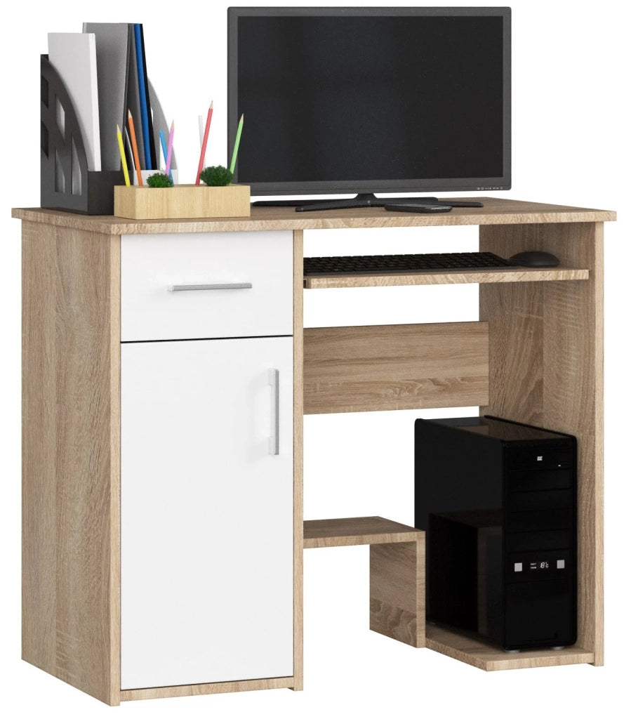Scrivania per computer AKORD JAY Sonoma Quercia 90 cm 1 anta 1 cassetto inserto frontale Bianco 90x50x74 cm