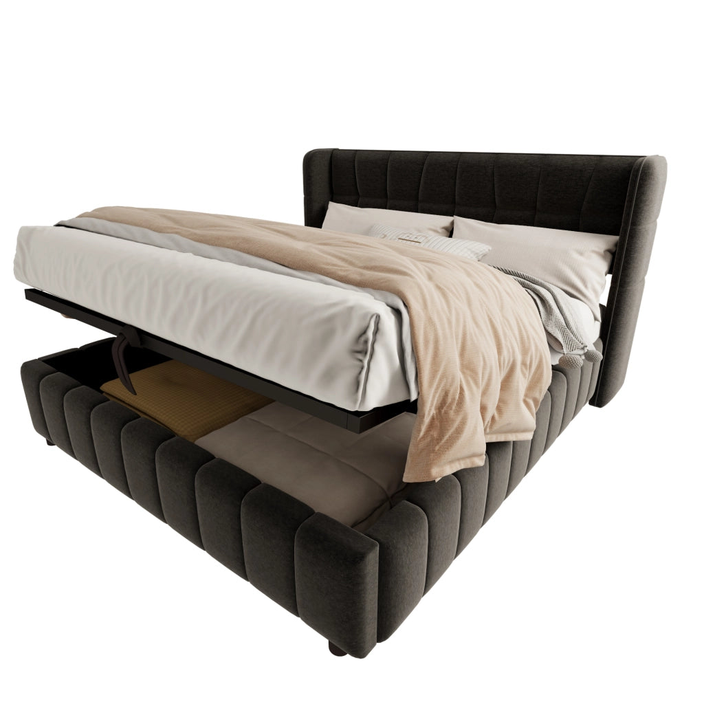 Letto contenitore imbottito 180x200 cm con rete a doghe e testiera grigio