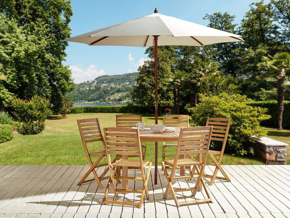 Set da pranzo da giardino in 6 posti Tavolo rotondo in legno di acacia chiaro pieghevoli con ombrellone