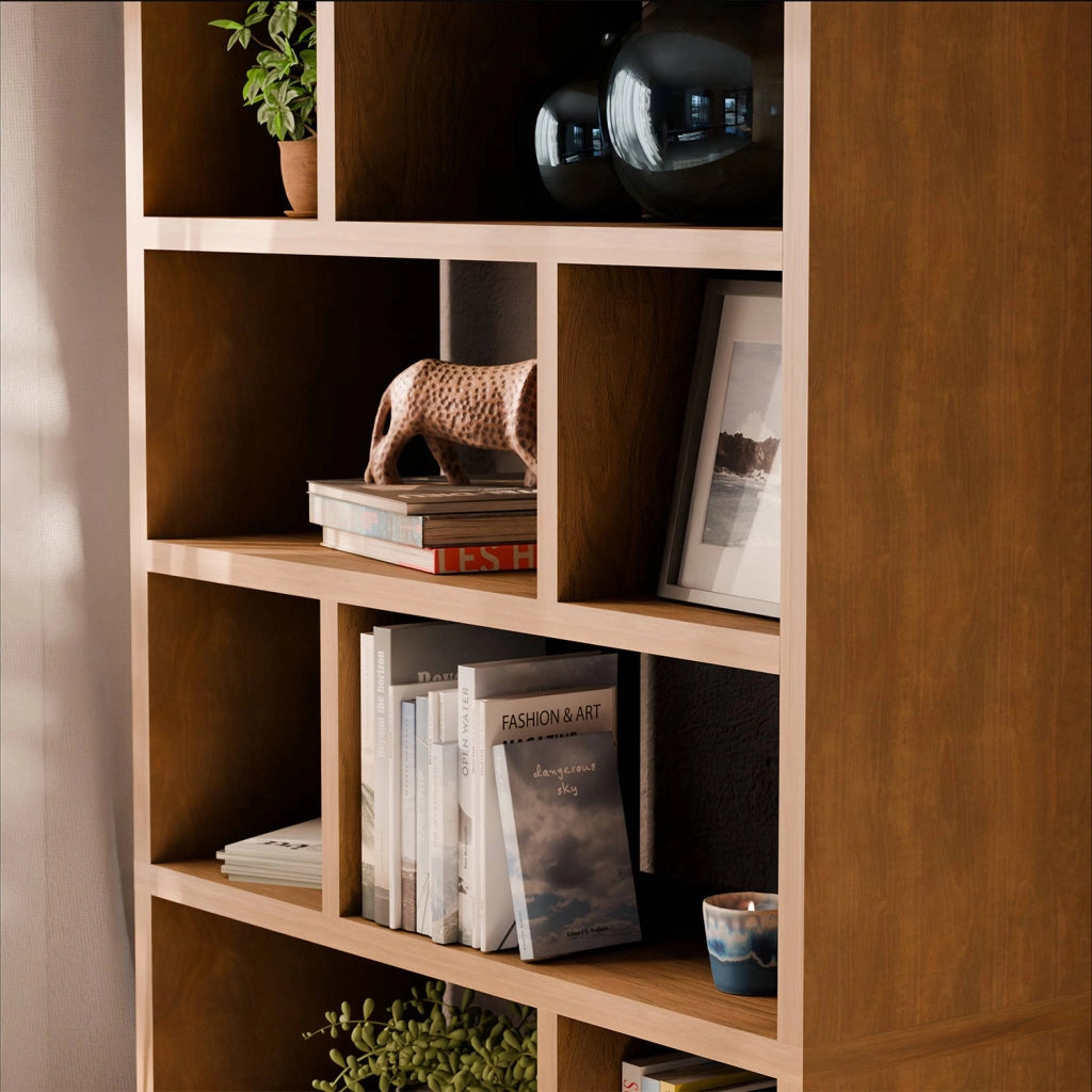 Libreria asimmetrica a 5 livelli con 10 scomparti, albero di mango