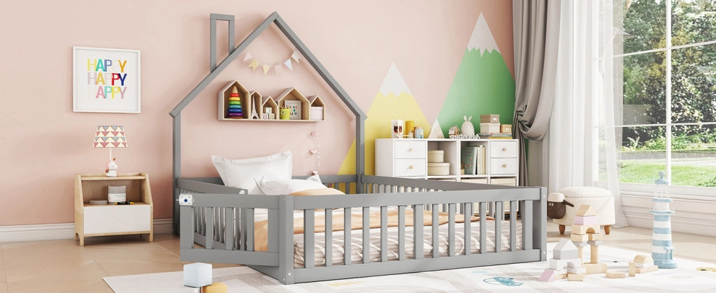 DESMIU Letto per bambini 2 posti 140 × 190 cm con sponde e forma camino, senza materasso, grigio