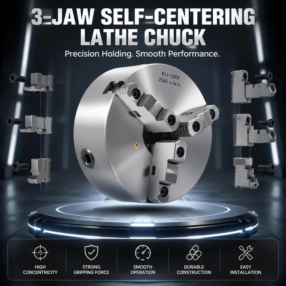 3-jaw Chuck, Φ200 Mm, Chuck With 57.15 Mm 8-threaded Carrier Plate, 4-200 Mm Clamping Range With T-bolts, HT300 Material, For Wood/metal Lathes