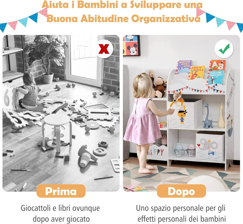 Armadio per Bambini, Scaffale di Legno con 3 Livelli e 5 Scompartimenti, 2 Cassetti in Tessuto e 3 Spazi per Giocattoli e Libri, Scaffale Verticale per Bambini, Bianco (Pirata Animale)