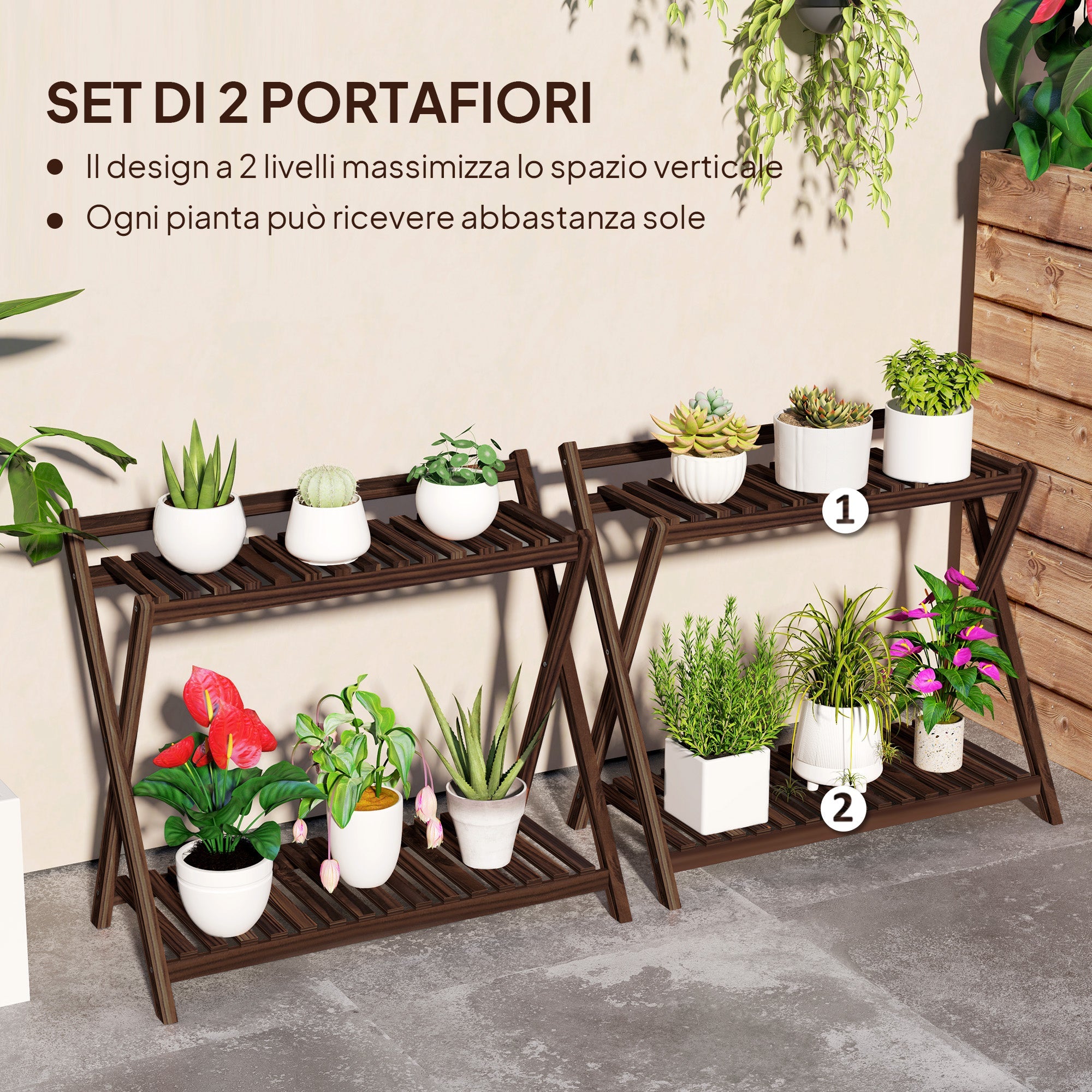 Set 2 Portapiante a 2 Livelli 73x36x64 cm con Design a Doghe in Legno Marrone