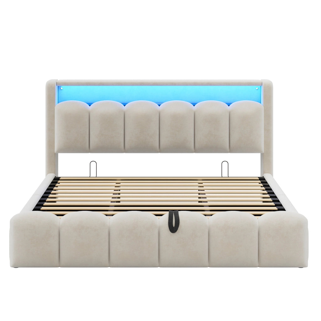 Letto Contenitore Matrimoniale 180x200 cm; USB; Type-C; LED; in Velluto - Beige