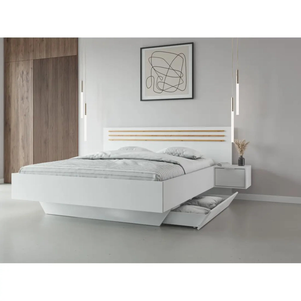 Camera completa FLORENCE – Letto 160x200 + rete + cassetti + armadio + cassettiera – Bianco e rovere