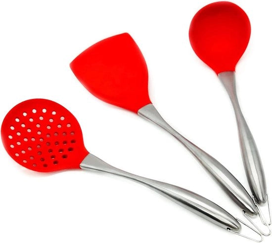 Set di accessori in silicone per wok, set di accessori per wok, spatola per wok da 34 cm, set di accessori per wok cinese, accessori per wok in acciaio inossidabile 304 (rosso)