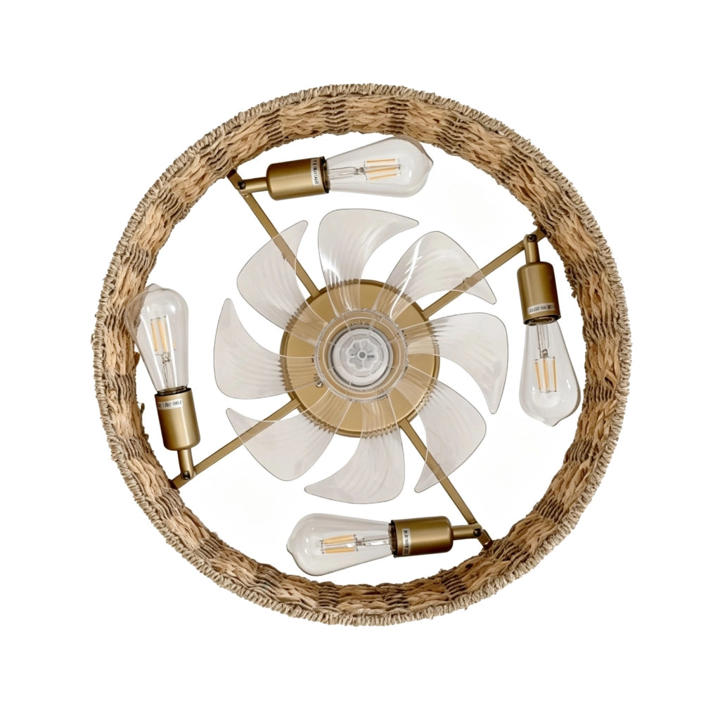 Ventilatore da soffitto con luce in rattan intrecciato; controllo App e telecomando; rame