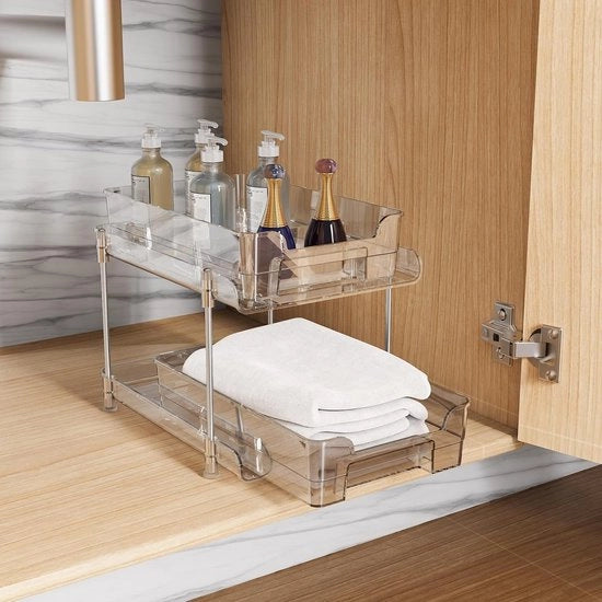 Organizzatore trasparente 2 in 1 per sotto il lavandino, organizzatore per la cucina e il bagno, sistema di estrazione multiuso con 2 distributtori.