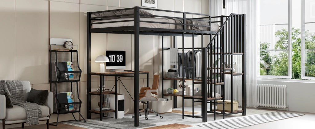 DESMIU Letto a soppalco 1 posto con scrivania, scaffali e armadio aperto 120 × 200 cm, senza materasso