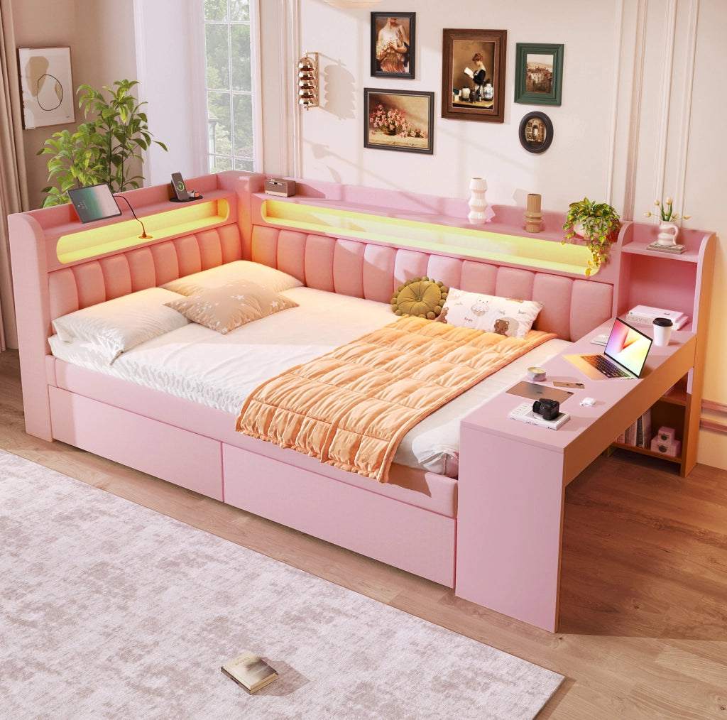 Letto daybed imbottito 140x200 cm rosa con LED, USB e scrivania