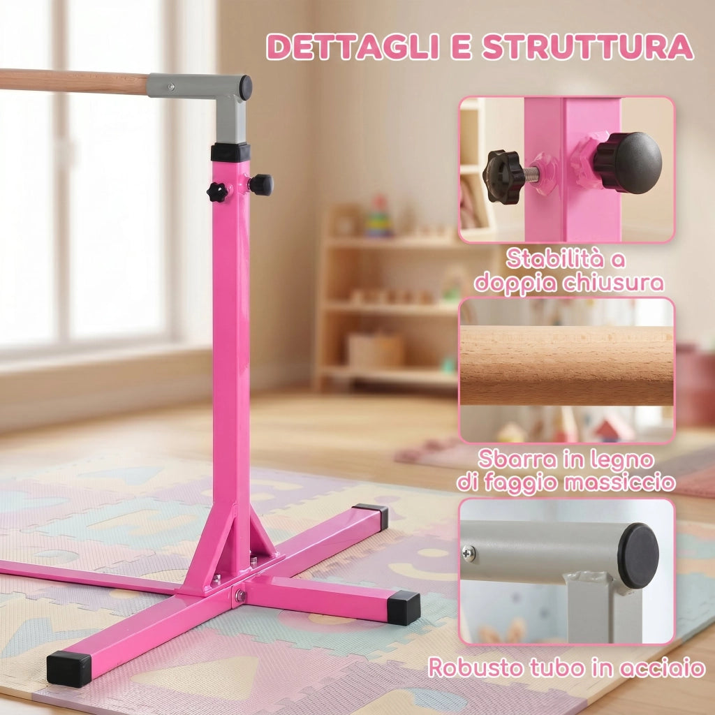 Sbarra Ginnastica Artistica per Bambini ¨C Xylo ¨C Altezza Regolabile 92-150cm Acciaio e Legno Massello Rosa