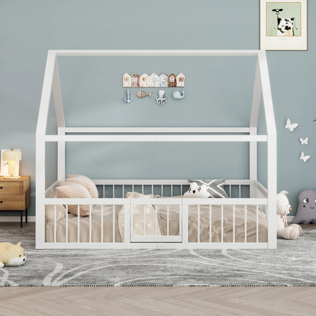 OKWISH Letto a casetta 140×200 cm, Letto Matrimoniale con Sponda di Sicurezza e Cancelletto, senza Materasso, in Metallo, Bianco