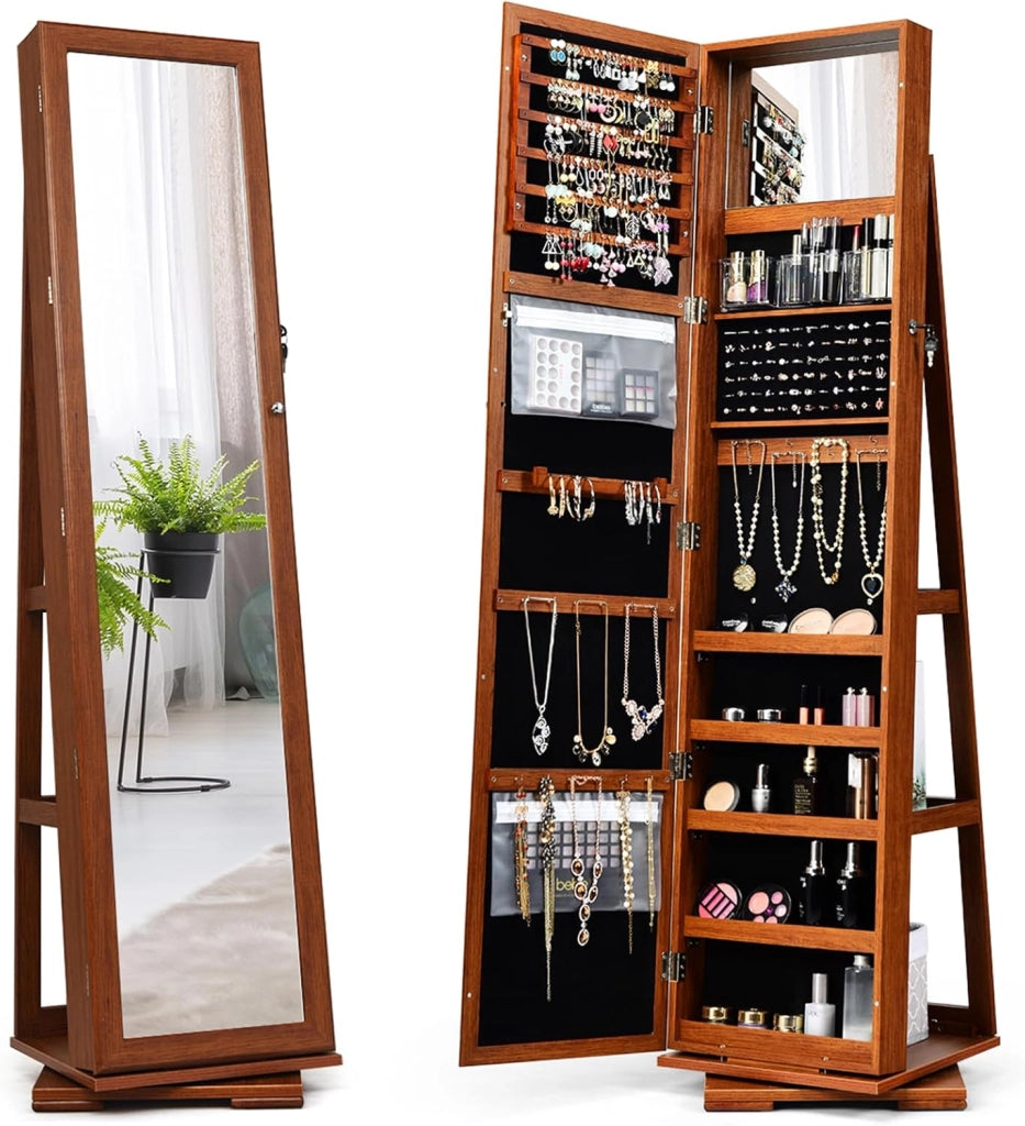 Armadietto Portagioielli Autoportante Girevole con Specchio, Specchio a Figura Intera Organizzatore per Gioielli, Porta Richiudibile a Chiavi, 161x39x39cm (Marrone, 39 x 39 x 161 cm)