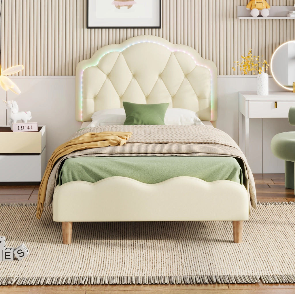 Letto imbottito 90x200 cm con testiera ondulata e LED multicolore in PU beige