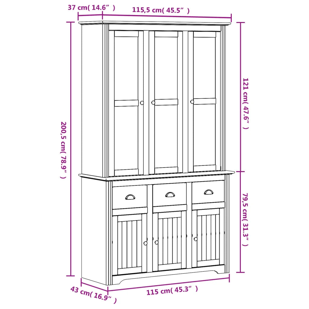 Credenza/cassettiera/armadio/contenitore/organizzatore per cucina/soggiorno BODO 115,5 x 43 x 200,5 cm legno massello di pino marrone 02_0030801