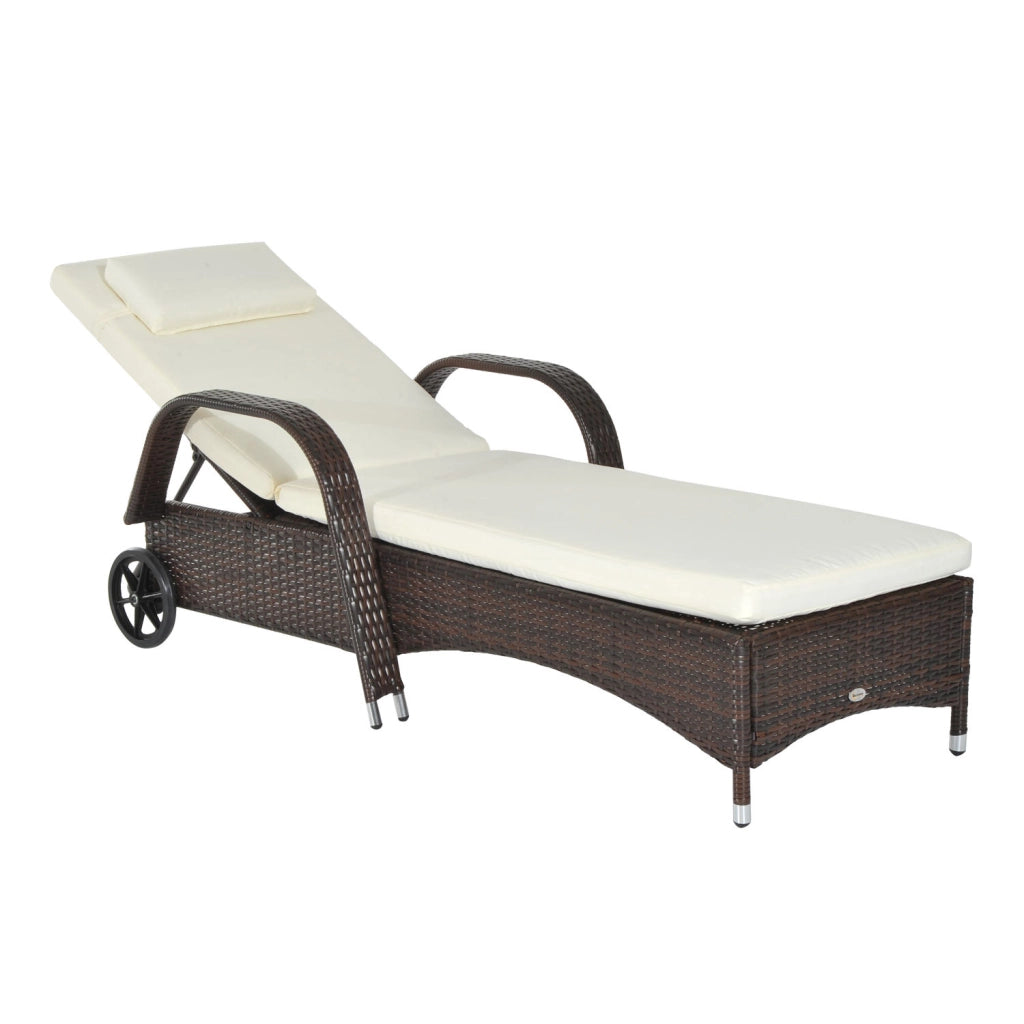 Easycomfort Lettino Prendisole da Giardino con Ruote, Sedia a Sdraio per Spiaggia con Altezza Regolabile in Rattan, Marrone e Crema, 200x73x103cm
