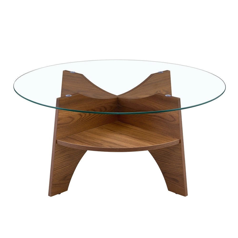 Tavolino Rotondo in Vetro Temperato ¨C MINIMAL ¨C Piano ?80 cm, Gambe MDF Effetto Noce