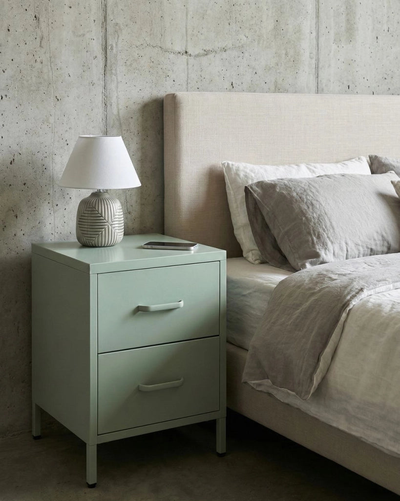 Comodino in Acciaio Verde menta Design Industriale 2 Cassetti Camera da Letto Mobili Contenitori