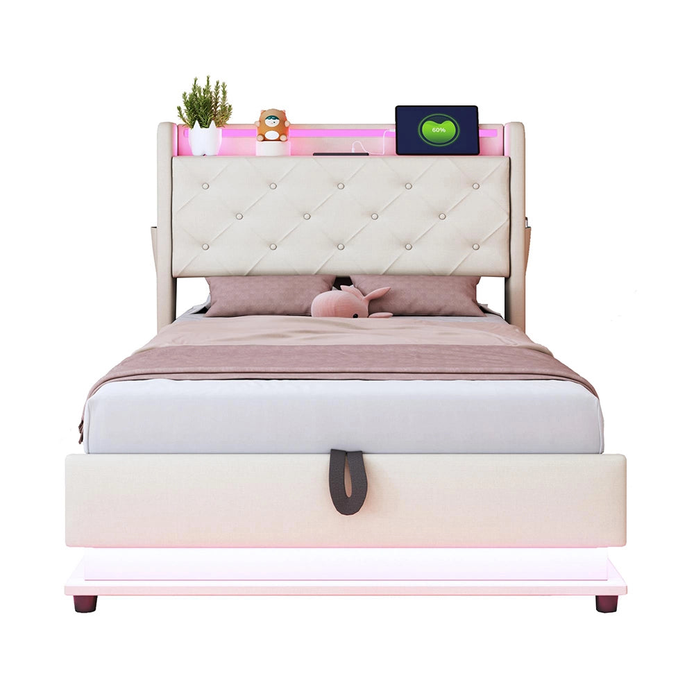 Letto bambino-Xylo-90x200 cm-LED RGB, USB, tasca telefono, lino beige