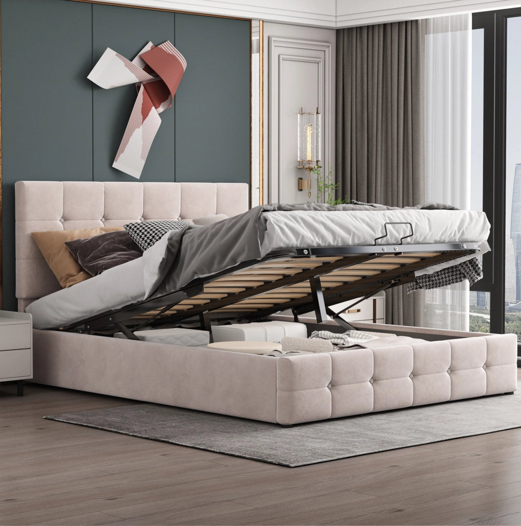 Letto matrimoniale imbottito 140x200 cm con contenitore idraulico; velluto crema
