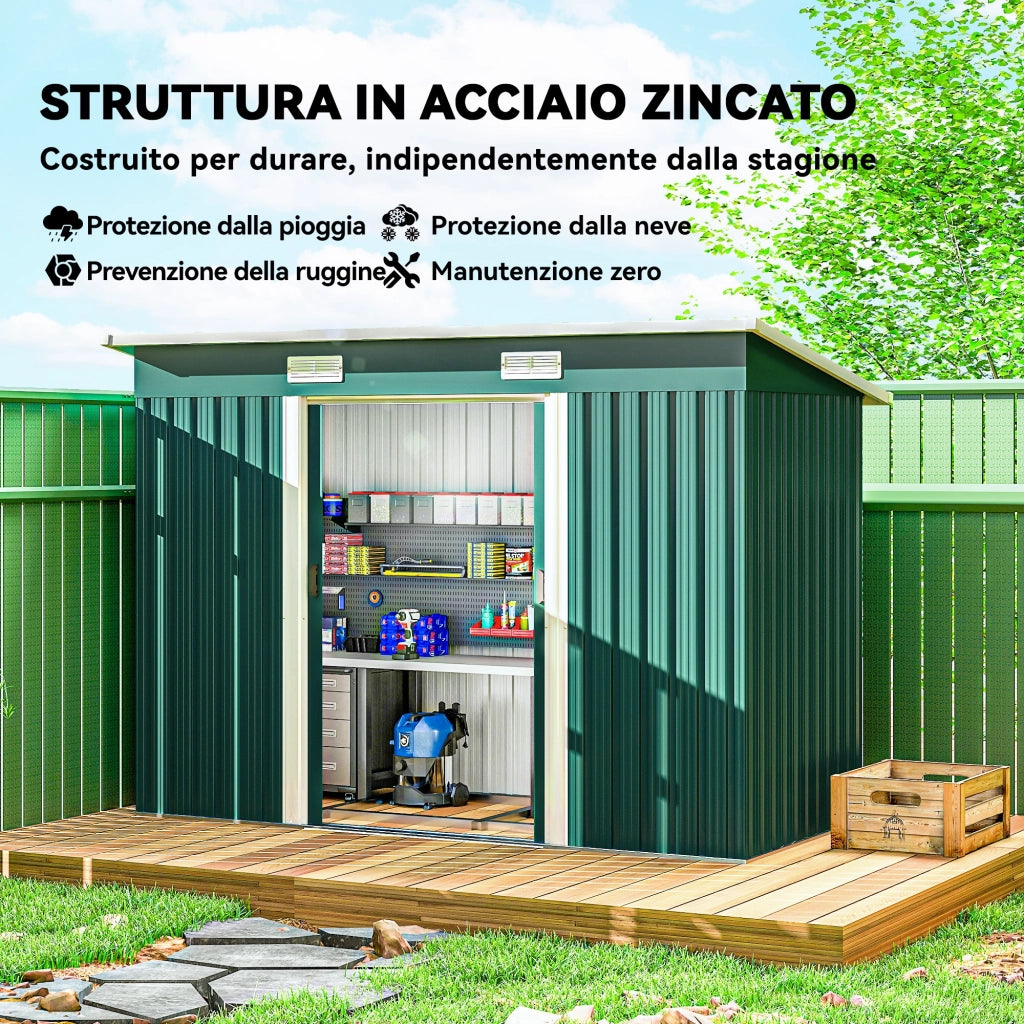 Casetta da Giardino 272x134 cm con Porte Scorrevoli Doppie e 2 Prese d'Aria in Acciaio Verde