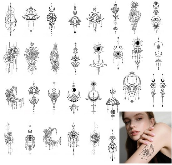 Tatuaggi temporanei 30 stuzzichini neri mandala - 3D impermeabili - autoadesivi - per adulti e bambini - applicazione facile - tatuaggio temporaneo