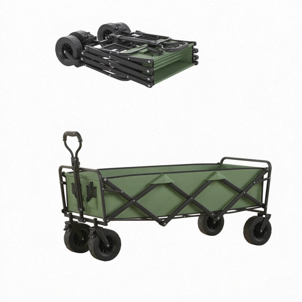 Carrello da giardino pieghevole con ruote, freni, maniglia regolabile e doppia borsa