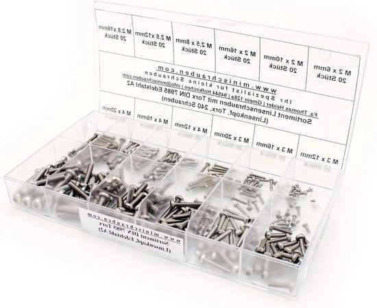 Assortimento di viti a testa a cappuccio in acciaio inossidabile A2, 240 pezzi, con diametri M2, M3, M4 e M25, testa a cappuccio TX.