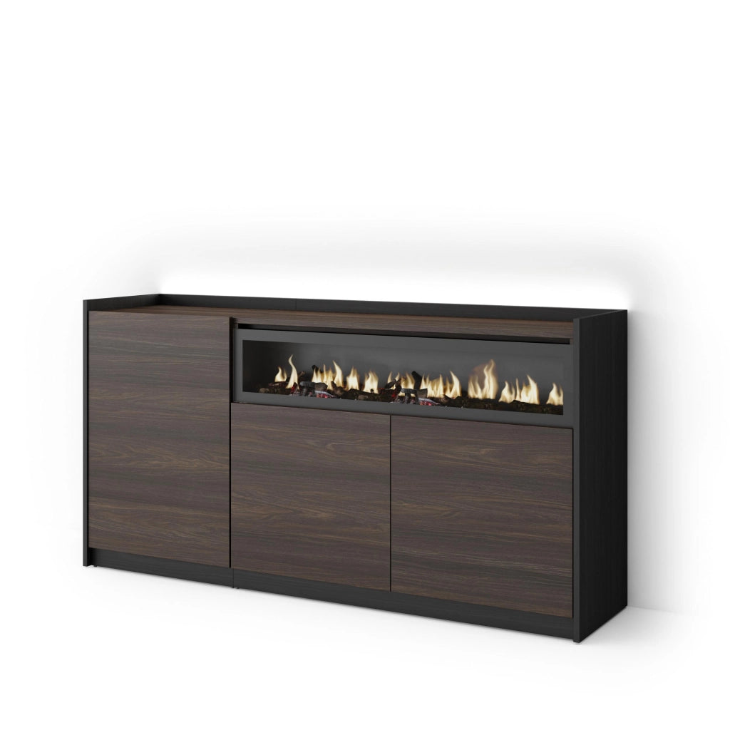 Credenza, Mobile, Cucina, 156x80x37 cm, 3 Porte, Camino elettrico, LED, Rovere scuro e Nero