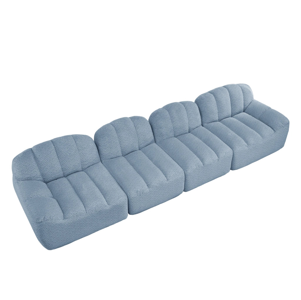 Divano modulare angolare senza struttura in fleece granulare blu; seduta profonda