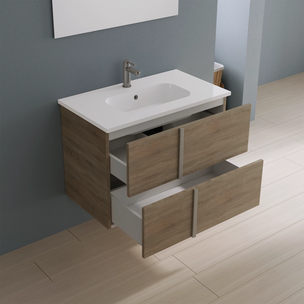 Mobile da bagno sospeso 100cm grigio sabbiato con lavabo e specchio | Hoia