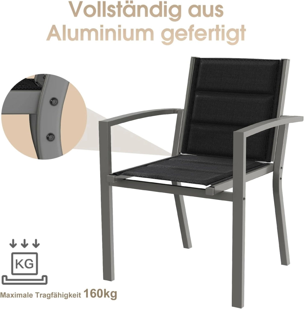Set di 4 sedie da giardino impilabili in alluminio, carico massimo 160 kg, per giardino, piscina, terrazza, sala da pranzo, mobili da giardino, grigio chiaro